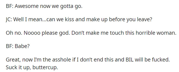 As they prepare to leave, JC suggests reconciling with a kiss, making OP uncomfortable but feeling obliged to comply to avoid further conflict.