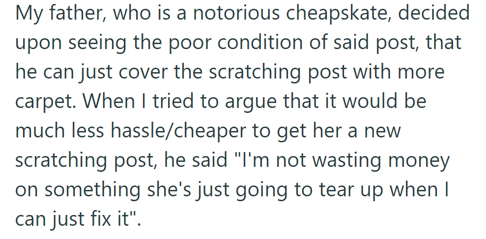 Dad plans to cover the worn post with carpet instead of buying a new one, citing practicality.