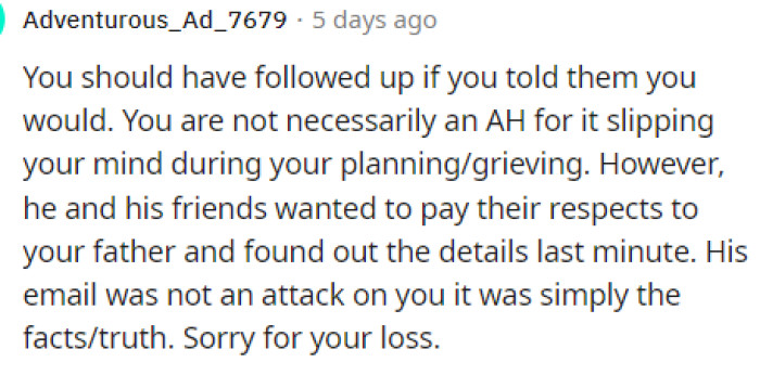 Some people called out OP and said that they should have followed up if they said they would.