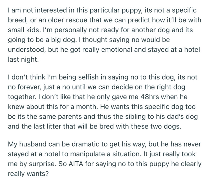 OP said no to the new pup, only for her husband to pack up and move into a hotel