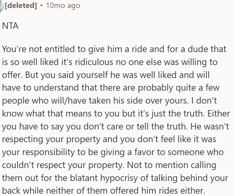 OP wasn’t obligated to give him a ride; surprisingly, no one else stepped up.