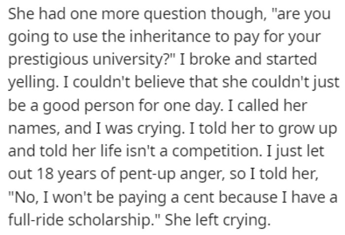 OP went off on her in the middle of the funeral, releasing 18 years of pent-up anger