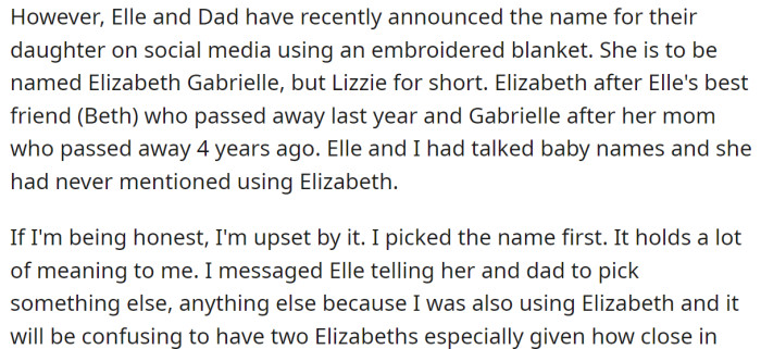 But the problem arose when the OP learned they had picked the name for their daughter: