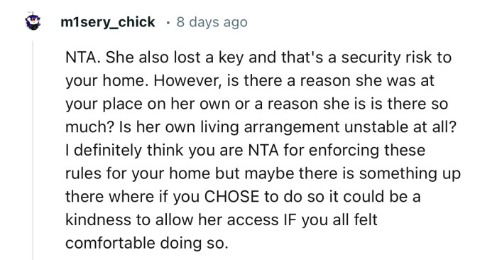“NTA. She also lost a key, and that's a security risk to your home.”