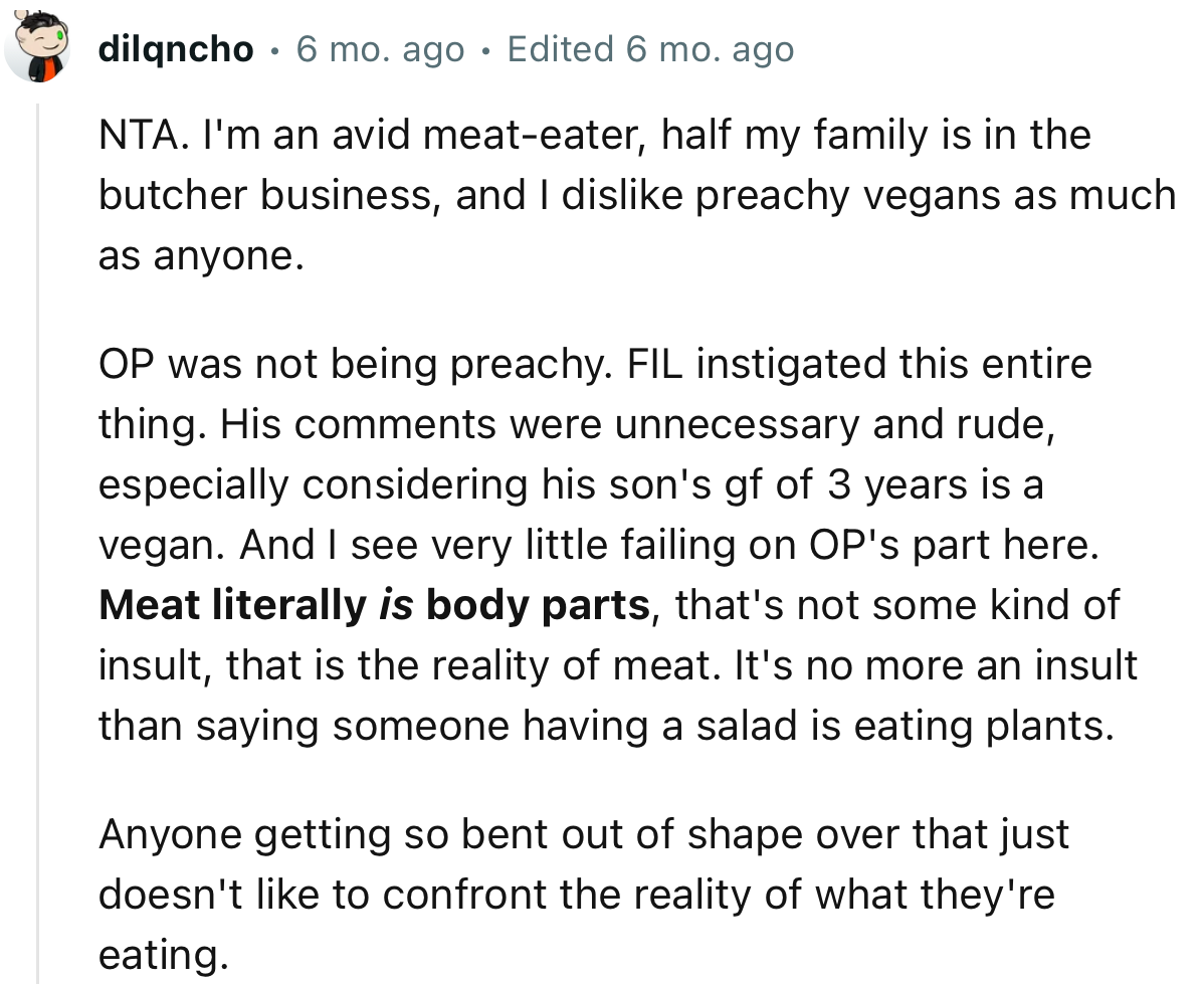 “OP was not being preachy. FIL instigated this entire thing.”