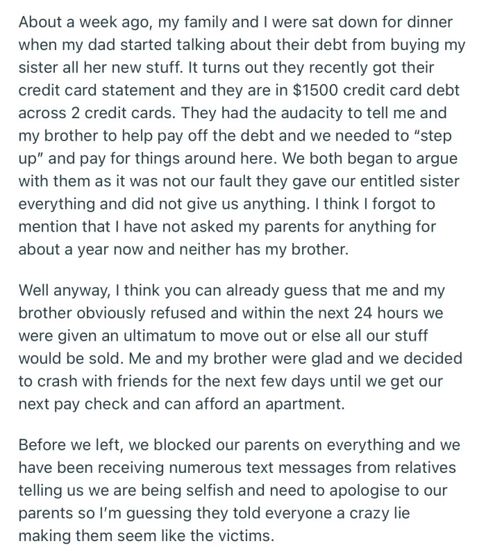 OP and His Brother Got Kicked Out After Refusing to Clear Their Parents’ Debt from Squandering on Their Little Sister