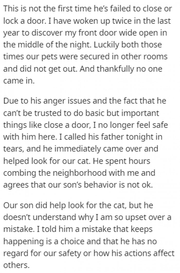 He left the door open one night, and their cat escaped