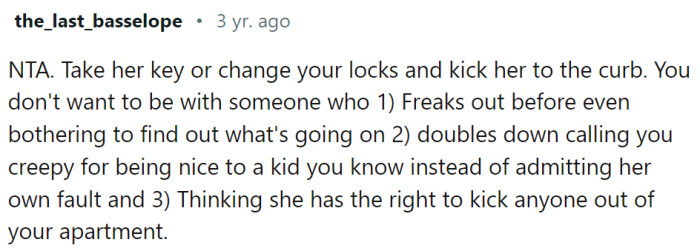 OP should take her key or change locks
