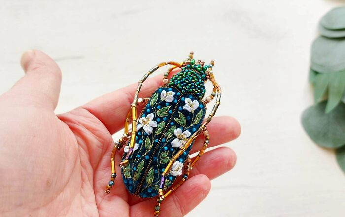 "Kicking Off My Creative Journey In 2025 With This Beetle Brooch Featuring Incredibly Long Antennae. For This Piece, I Used Gorgeous Seafoam Velvet, Silk Ribbons To Embroider Miniature Flowers, And A Variety Of Beads, Pearls, And Bugle Beads"