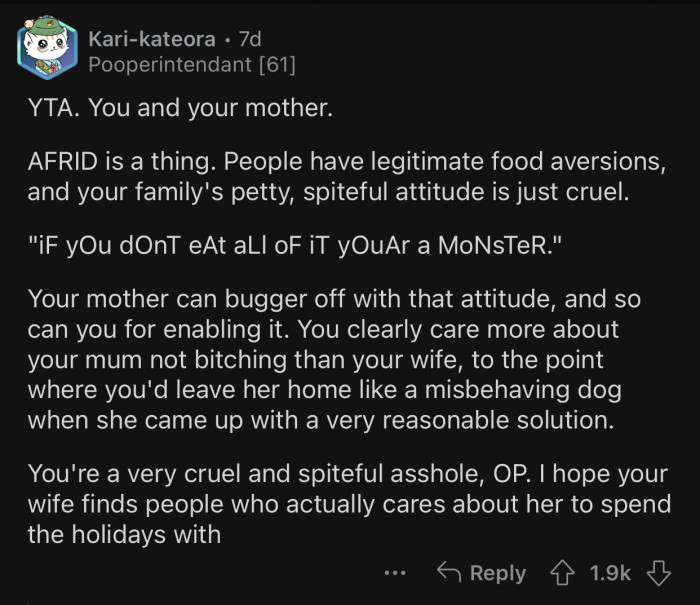 The OP cares more about making his mother happy than his wife's well-being.