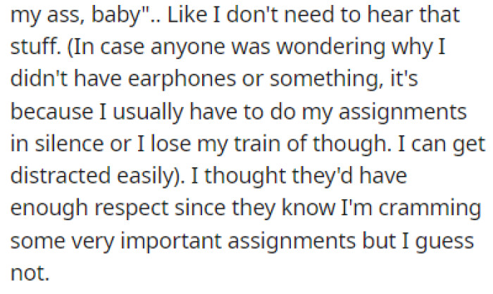 OP Can't Use Headphones When Working on Assignments, So She Was Forced to Listen to That Noise