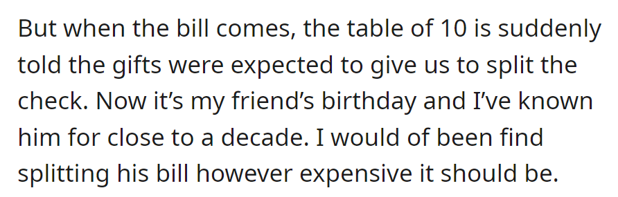 Surprise at the end: Asked to split the bill for the birthday celebration, including gifts, catching them off guard.