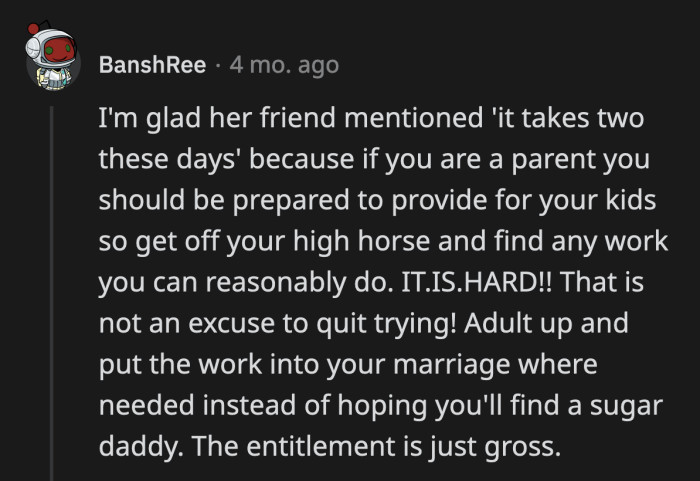 They Have a Nice House in a Nice Neighborhood, and She Has a New Car Her Husband Was Paying For. Plus, They Have Four Kids. Sarah Is an Idiot If She Thinks This Is What 'Broke' Means.
