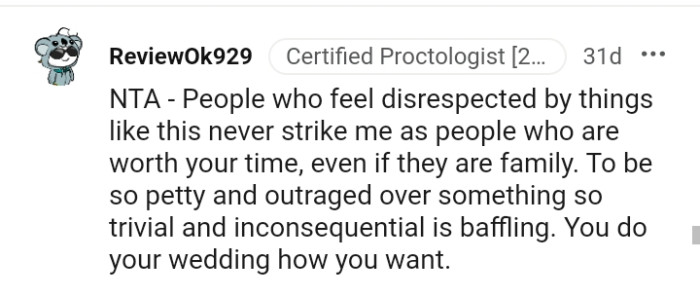 The OP should the wedding how they deem fit