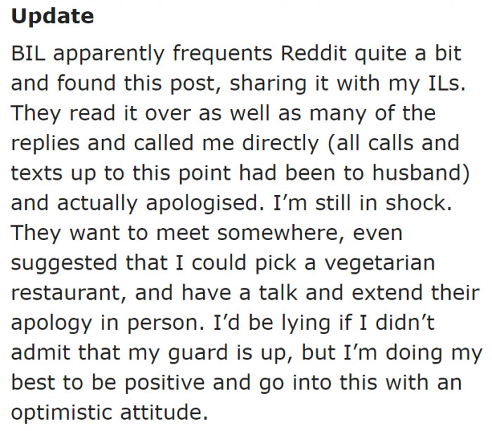 Her brother-in-law saw this post and told his parents about it. They wanted to apologize for what happened.