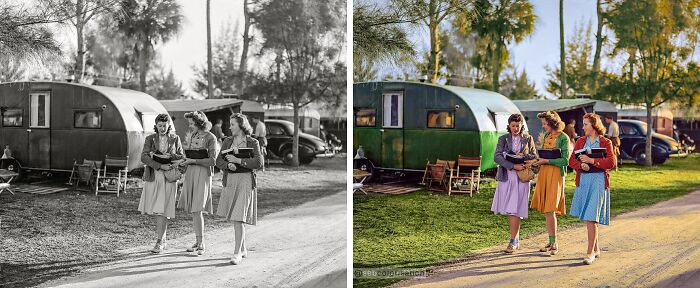 Sarasota, Florida, trailer park. Students are coming from school in the afternoon. Photographed by Marion Post Wolcott in January 1941.