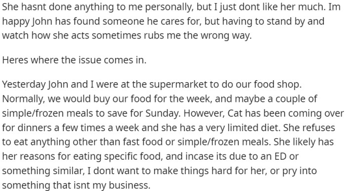The specific issue arises when Cat's limited diet affects their grocery shopping routine
