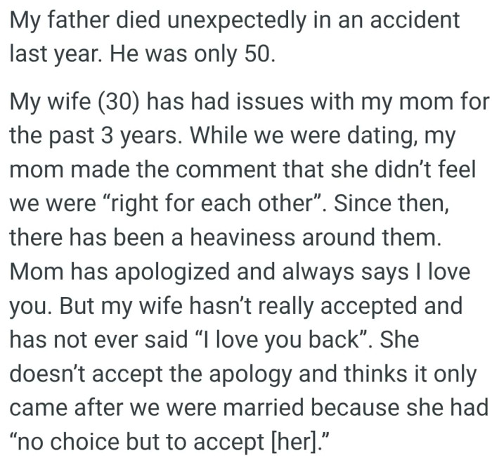 OP's wife hasn’t really accepted and has not ever said “I love you back
