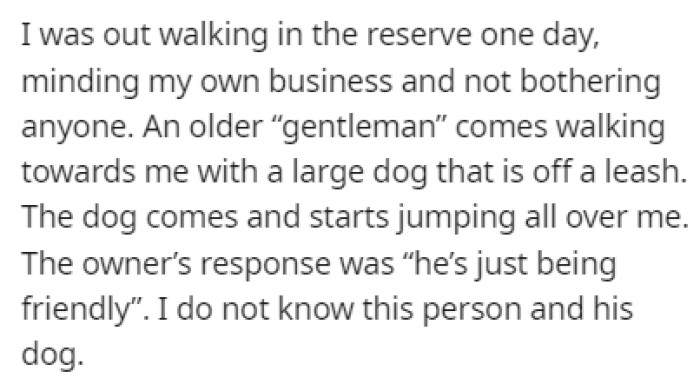 OP was walking in the reserve one day when a dog started jumping all over him