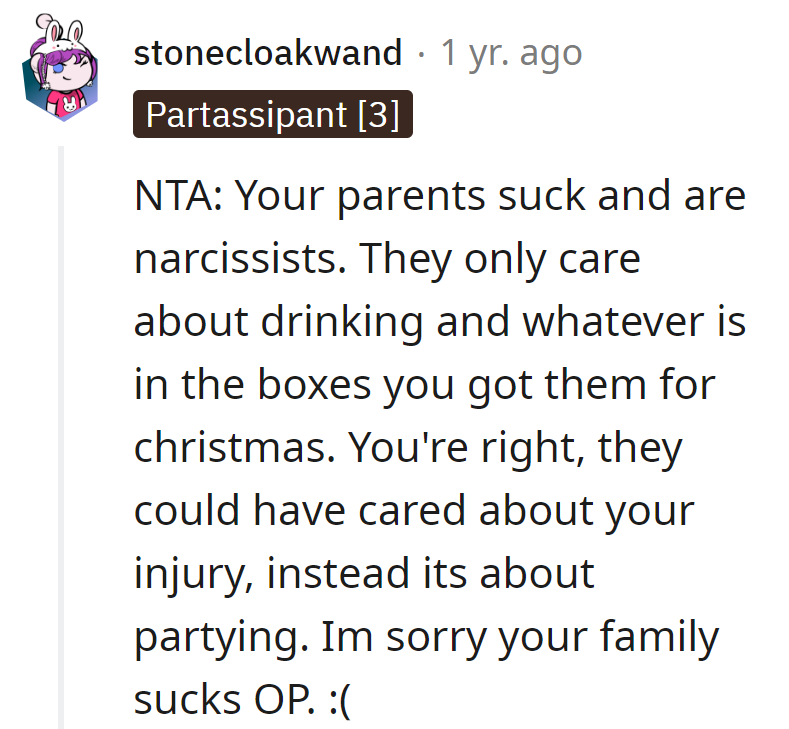 In her family, presents outshine empathy, and Christmas turned into a party.