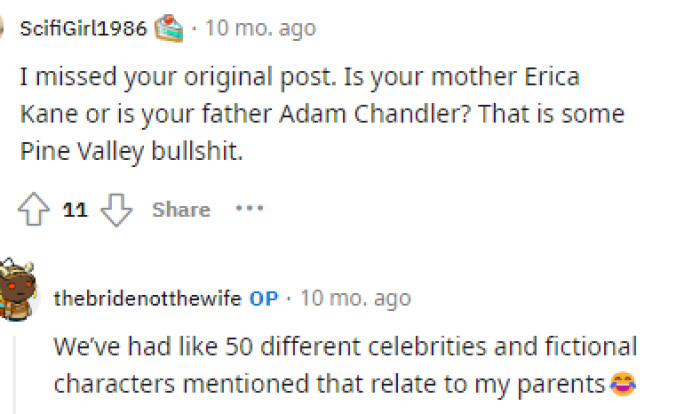 People were cracking jokes in the comments, but it looks like OP said that other people had already compared her parents to some pretty funny couples.