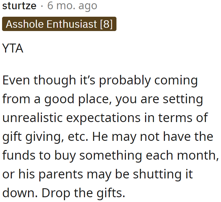 The OP shouldn't be expecting gifts from her boyfriend, especially since they're still young and jobless.