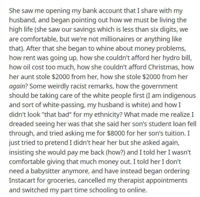 Then she goes into details about how the babysitter was asking her for money and overall just complaining about finances.