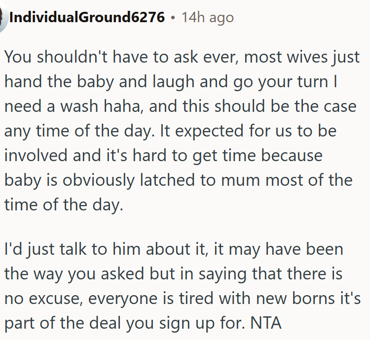 New parents should share baby duties without excuses.