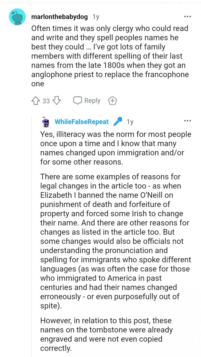 This Redditor has a lot of family members with their last names spelled differently