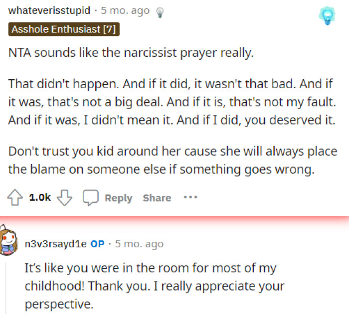 People quickly came to the comments and seemed to take OP's side in this matter. It sounds a lot like her mom has some issues, and it's really important for OP to realize this.