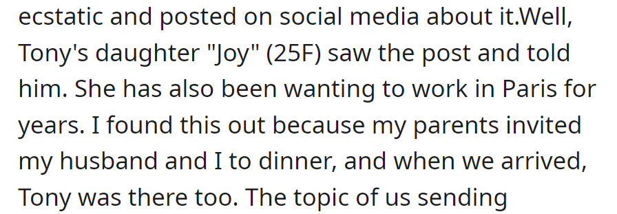 Daughter's Paris support post leads to an unexpected meeting with Tony and his daughter, Joy, who shares the same dream.