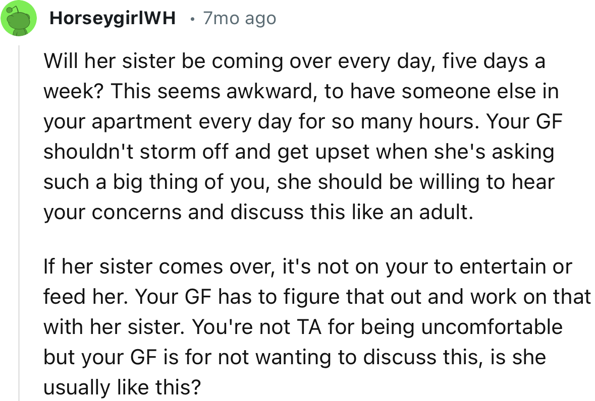 “You're not TA for being uncomfortable, but your GF is for not wanting to discuss this.”