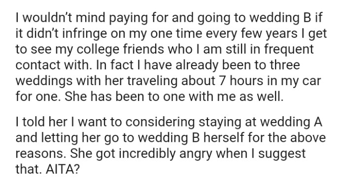 The OP wouldn't mind if it didn’t infringe on his one time every few years he gets to see his college friends