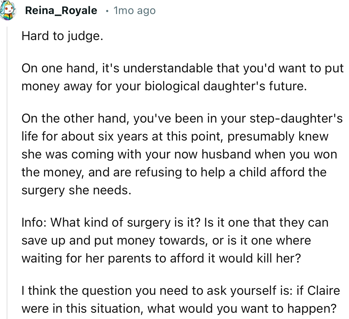 “I think the question you need to ask yourself is: if Claire were in this situation, what would you want to happen?”