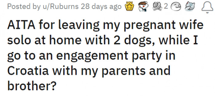 A man posted their situation on the r/AITA subcommunity on Reddit. He was planning to leave his pregnant wife alone to attend an engagement party in Croatia.