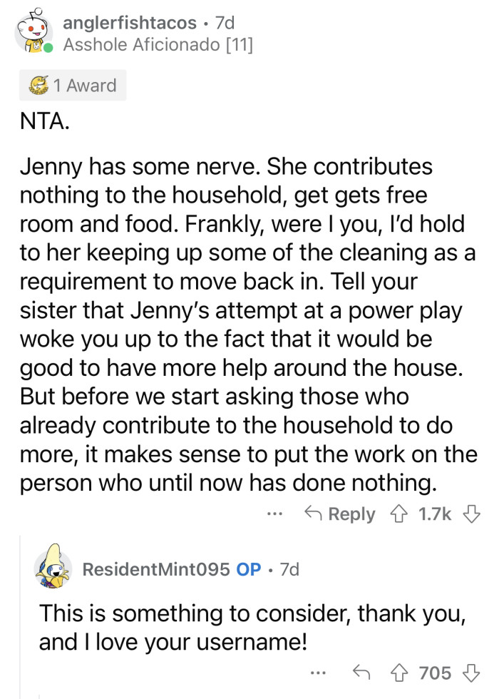 If Jenny thinks that more needs to be done around the house, she should be the one to take over those chores.