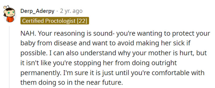 Grandma's time for kisses will come once everyone's comfortable.