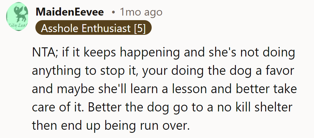NTA; helping the dog and possibly teaching her a lesson in responsibility.