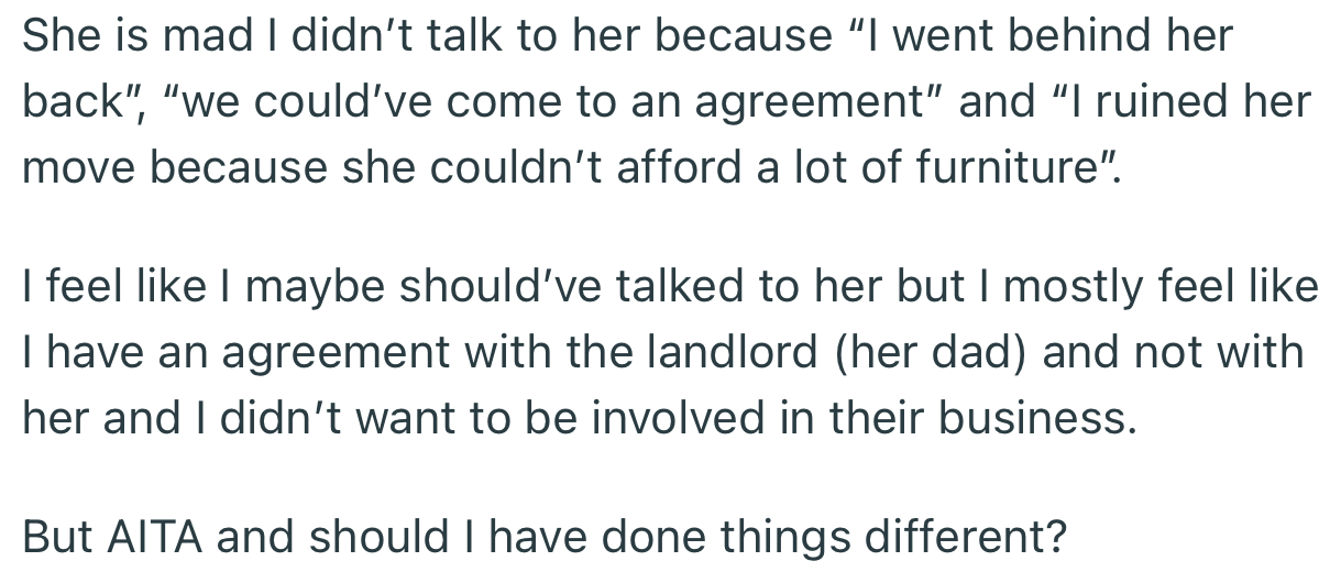OP has been feeling guilty ever since, especially because Hannah can’t afford a lot of furniture for her new apartment.