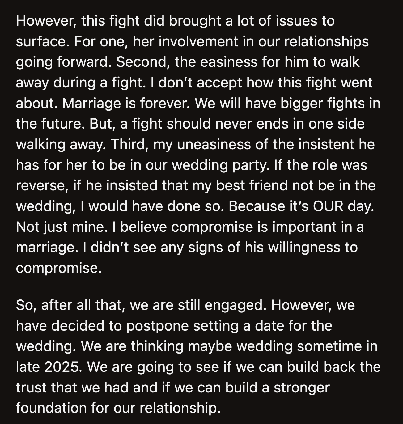 Their fight over Liz brought up a lot of unresolved issues. They ultimately decided that they wouldn't set a date for their wedding yet and would see if they could build a stronger foundation for their marriage.
