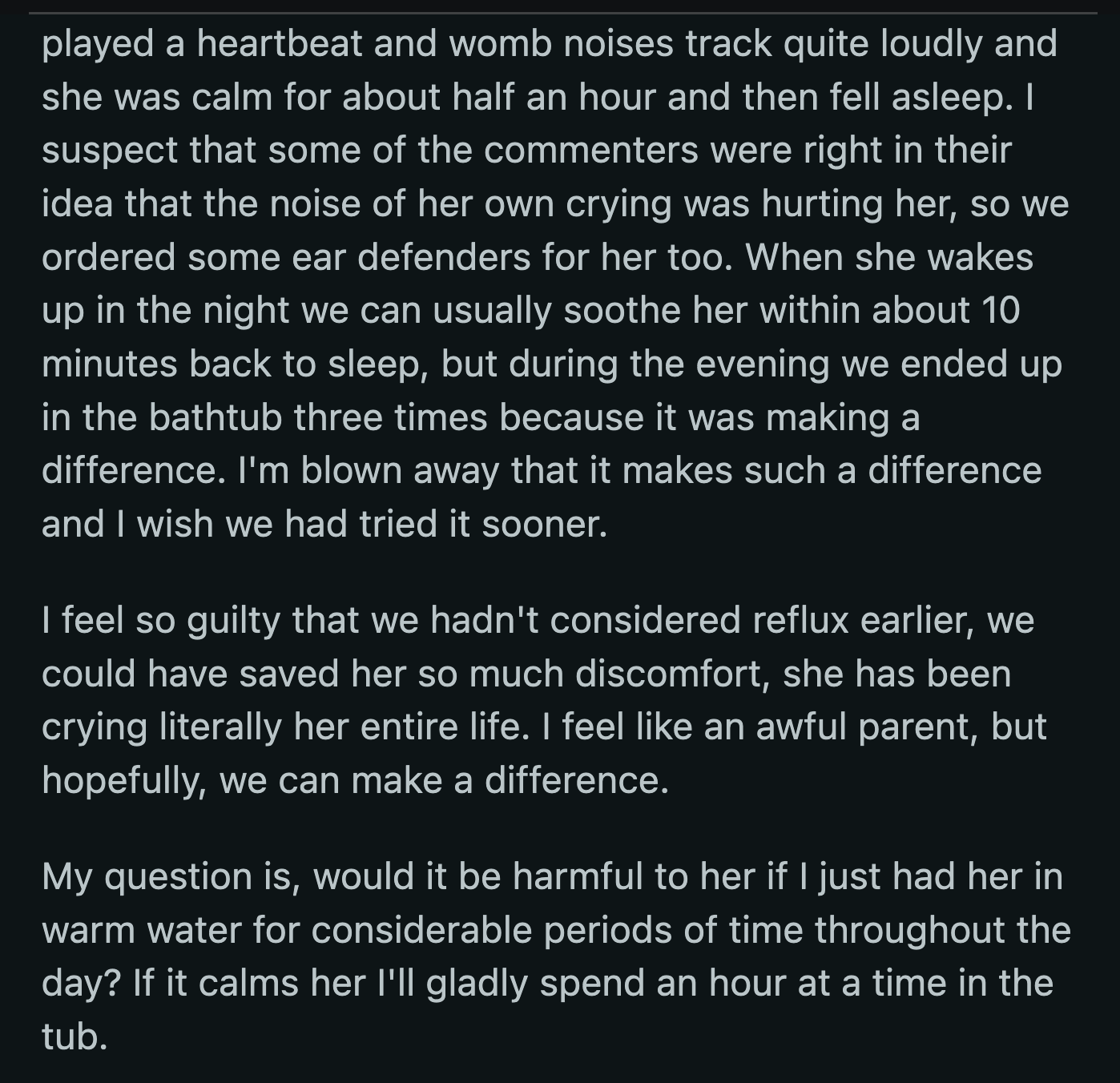 OP figured out a more efficient way to soothe the baby. He also dealt with some guilt for not figuring out what was wrong with the baby sooner.