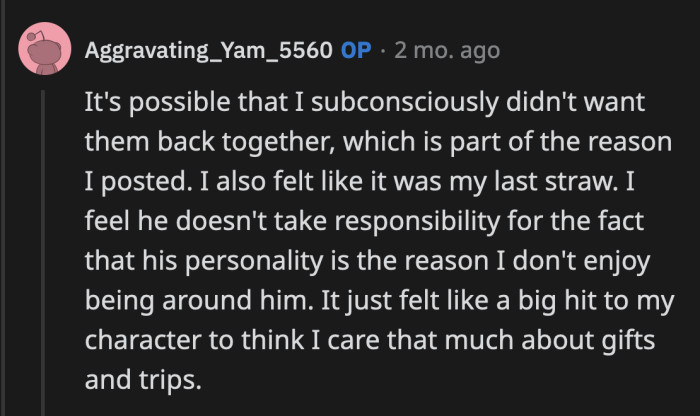 Her post does support that OP doesn't want her parents to get back together.