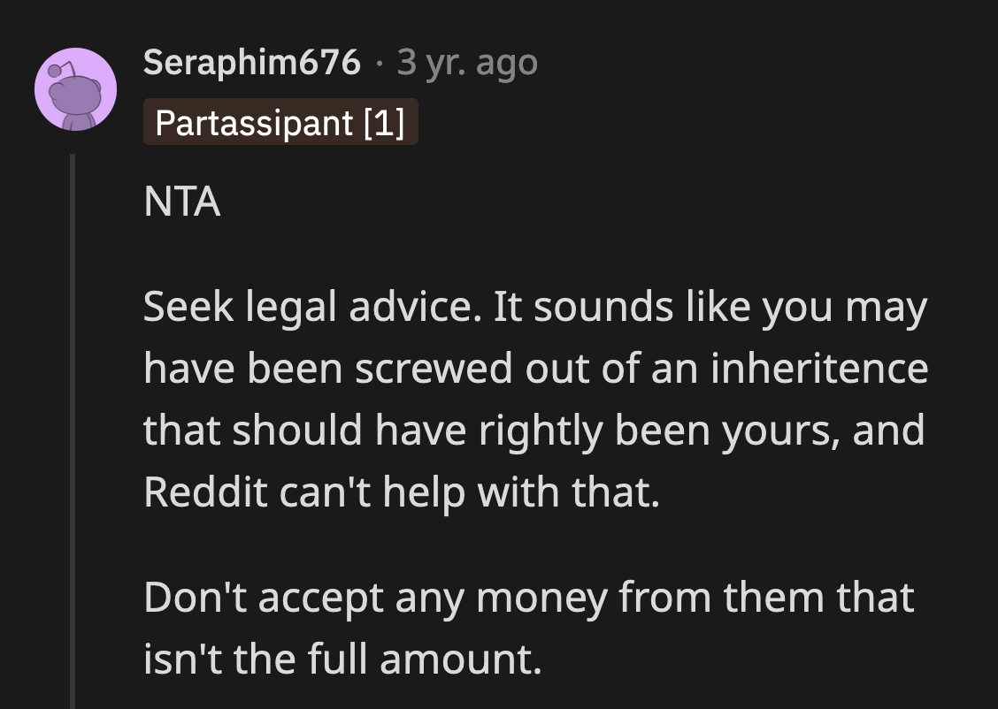 Under no circumstances should she accept an amount less than what was stolen from her.