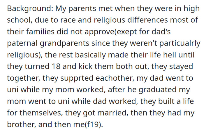 Overcoming familial objections, OP's parents supported each other through education and work, ultimately building a life together and becoming loving parents to their two children.