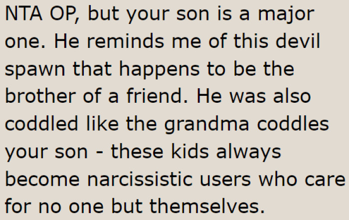 The son might end up becoming a narcissist if the OP allows her mom to spoil him.