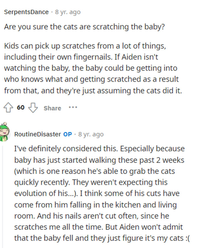 It does seem like there is a lot going on, and the dad is quite irresponsible, but it would be unfair for OP's cats to be blamed if it isn't them.