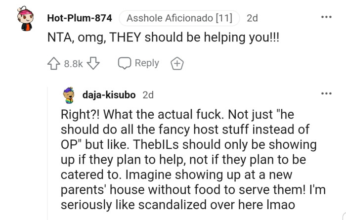 The in-laws should be the ones helping out in the house while OP relaxes