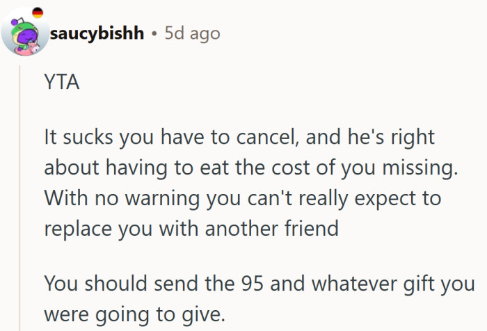 Missing the wedding didn’t save him a seat or a bill, apparently.
