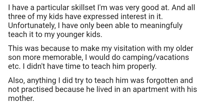 OP has a skill set that they are particularly good at, and they have only been able to meaningfully teach their younger kids. Unfortunately, teaching their 24-year-old son has proven difficult due to distance.