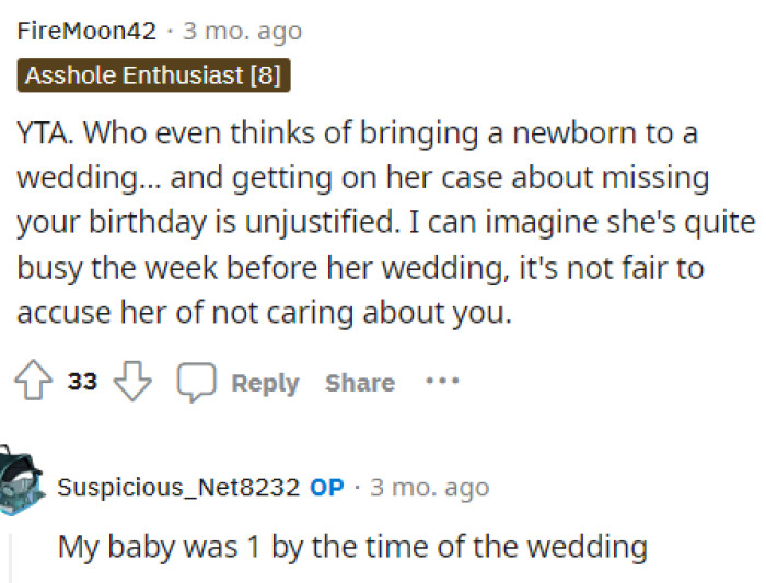 People were also judging her for even considering bringing her baby to the wedding, as most weddings are not kid-friendly.